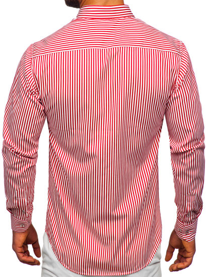 Bolf Herren Hemd Langarm Gestreift Rot 22731