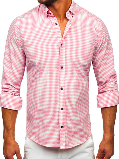 Bolf Herren Hemd Langarm Kariert Rosa  22745