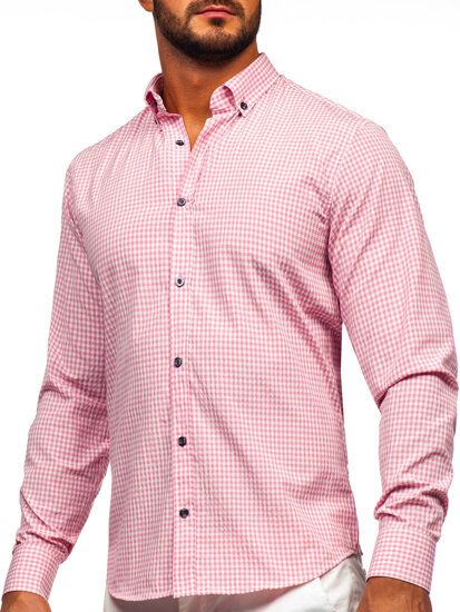 Bolf Herren Hemd Langarm Kariert Rosa  22745