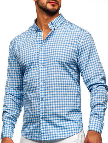 Bolf Herren Hemd Langarm Kariert Vichy Blau 22747