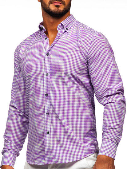 Bolf Herren Hemd Langarm Kariert Violett  22745