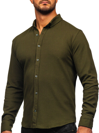 Bolf Herren Hemd Langarm Musselin Khaki 506