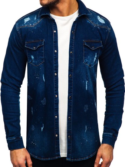 Bolf Herren Jeanshemd Langarm Dunkelblau  R801