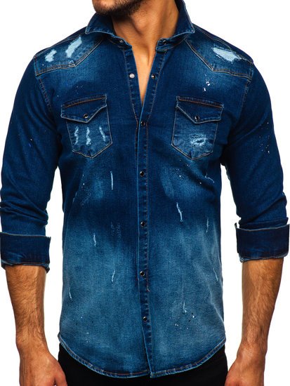 Bolf Herren Jeanshemd Langarm Dunkelblau  R802