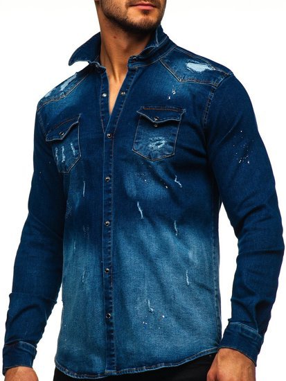 Bolf Herren Jeanshemd Langarm Dunkelblau  R802