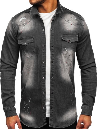 Bolf Herren Jeanshemd Langarm Schwarzgrau  R710