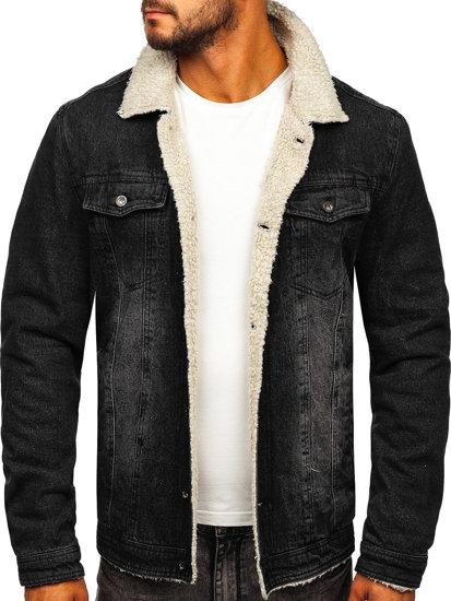 Bolf Herren Jeansjacke Trucker Warm Gefüttert mit Teddy Kragen Schwarz  1158