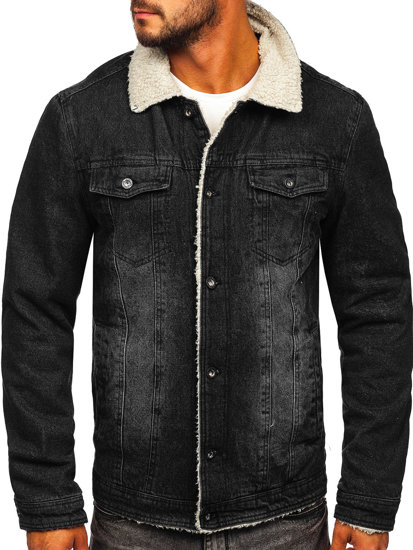 Bolf Herren Jeansjacke Trucker Warm Gefüttert mit Teddy Kragen Schwarz  1158