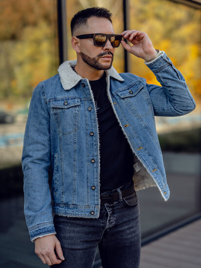 Bolf Herren Jeansjacke Turcker Jacke Warm Gefüttert mit Teddyfell Kragen Blau  1157