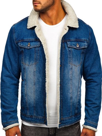 Bolf Herren Jeansjacke Turcker Jacke Warm Gefüttert mit Teddyfell Kragen Dunkelblau  1153