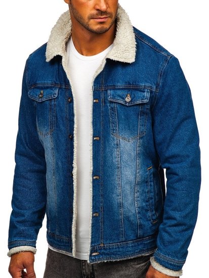 Bolf Herren Jeansjacke Turcker Jacke Warm Gefüttert mit Teddyfell Kragen Dunkelblau  1153