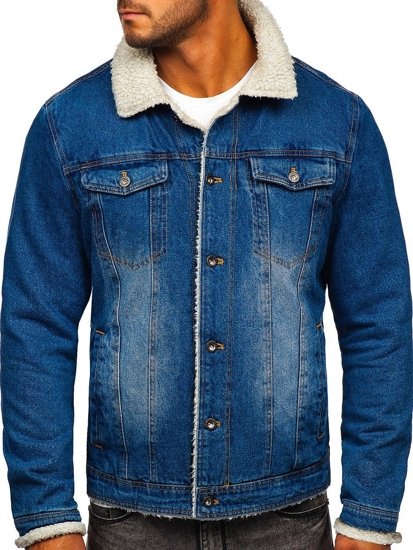 Bolf Herren Jeansjacke Turcker Jacke Warm Gefüttert mit Teddyfell Kragen Dunkelblau  1153