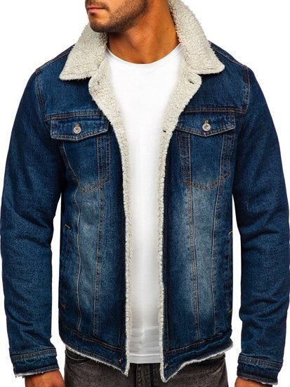 Bolf Herren Jeansjacke Turcker Jacke Warm Gefüttert mit Teddyfell Kragen Dunkelblau  1155