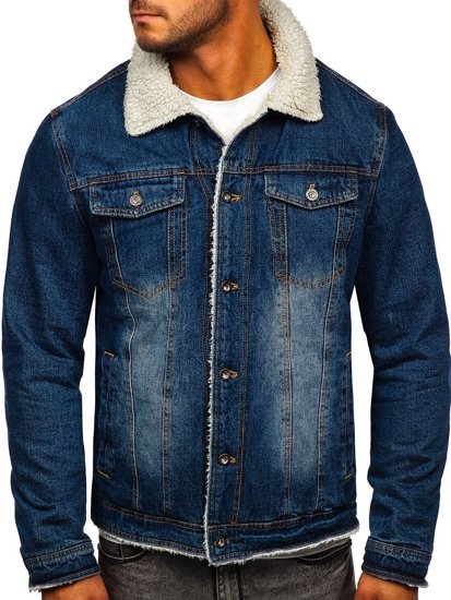 Bolf Herren Jeansjacke Turcker Jacke Warm Gefüttert mit Teddyfell Kragen Dunkelblau  1155