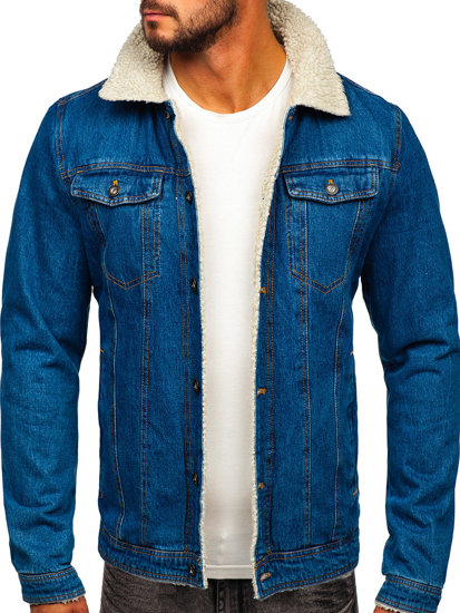 Bolf Herren Jeansjacke Turcker Jacke Warm Gefüttert mit Teddyfell Kragen Dunkelblau  1156