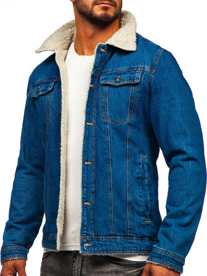 Bolf Herren Jeansjacke Turcker Jacke Warm Gefüttert mit Teddyfell Kragen Dunkelblau  1156