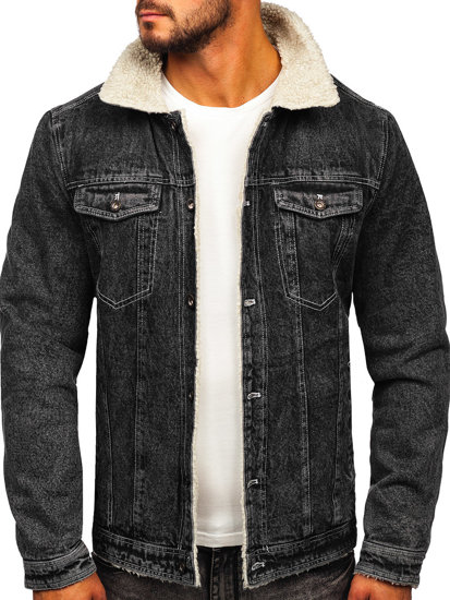 Bolf Herren Jeansjacke Turcker Jacke Warm Gefüttert mit Teddyfell Kragen Schwarz  1160