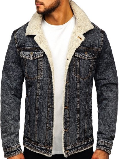 Bolf Herren Jeansjacke Turcker Jacke Warm Gefüttert mit Teddyfell Kragen Schwarzgrau  1109