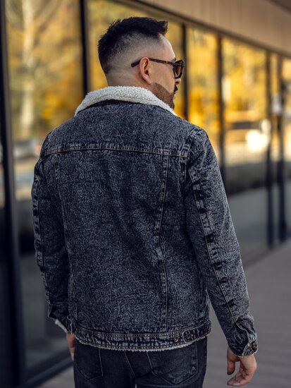 Bolf Herren Jeansjacke Turcker Jacke Warm Gefüttert mit Teddyfell Kragen Schwarzgrau  1109