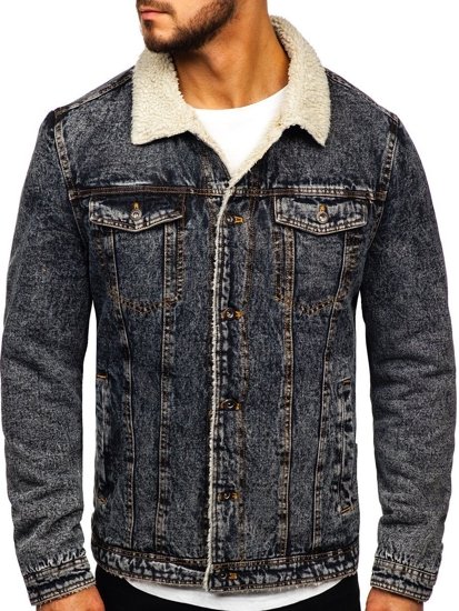 Bolf Herren Jeansjacke Turcker Jacke Warm Gefüttert mit Teddyfell Kragen Schwarzgrau  1109