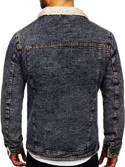 Bolf Herren Jeansjacke Turcker Jacke Warm Gefüttert mit Teddyfell Kragen Schwarzgrau  1109