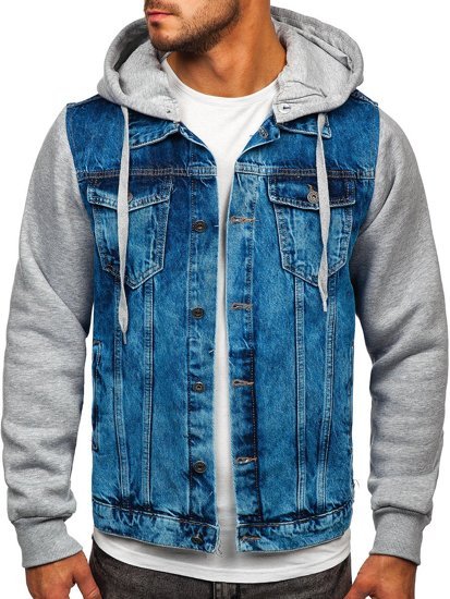 Bolf Herren Jeansjacke mit Kapuze Dunkelblau  211902