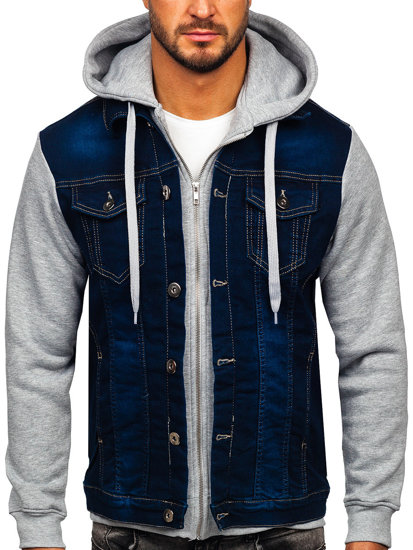 Bolf Herren Jeansjacke mit Kapuze Dunkelblau  801