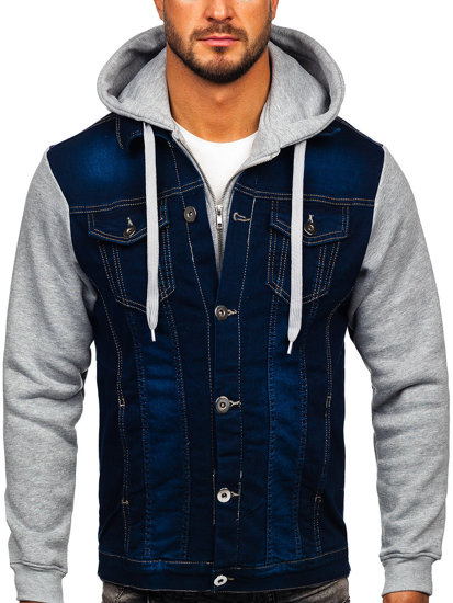 Bolf Herren Jeansjacke mit Kapuze Dunkelblau  801