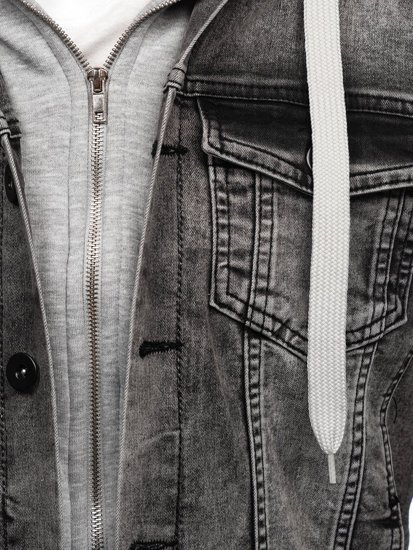 Bolf Herren Jeansjacke mit Kapuze Grau  10350