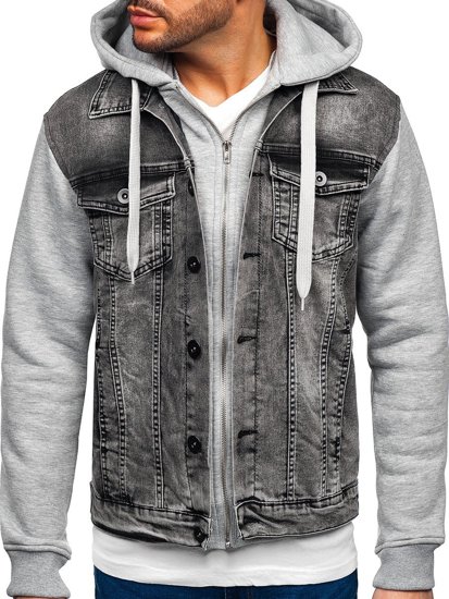 Bolf Herren Jeansjacke mit Kapuze Grau  10350