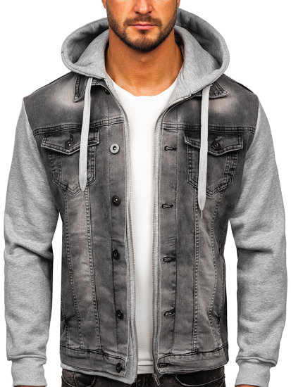 Bolf Herren Jeansjacke mit Kapuze Grau  801