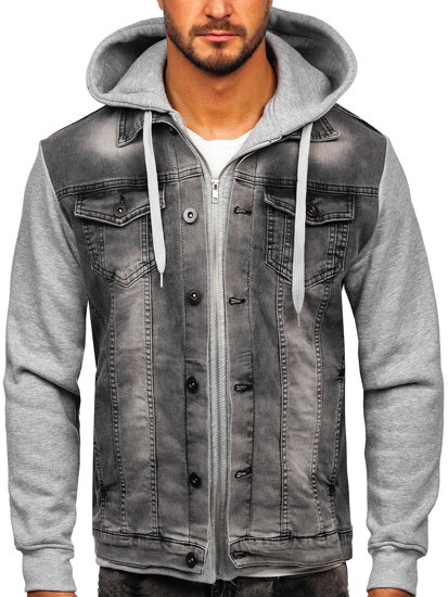 Bolf Herren Jeansjacke mit Kapuze Grau  801