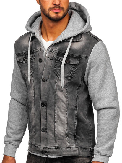 Bolf Herren Jeansjacke mit Kapuze Grau  801