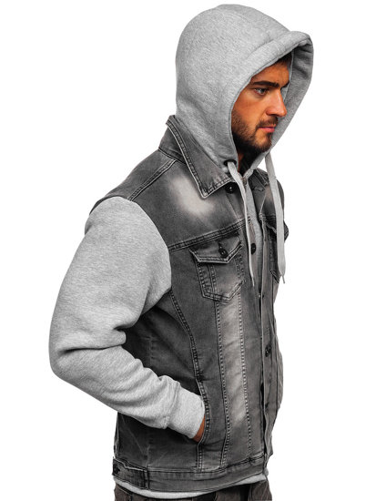 Bolf Herren Jeansjacke mit Kapuze Grau  801