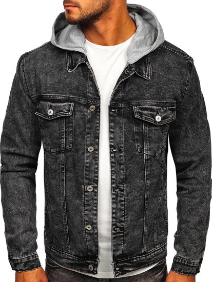 Bolf Herren Jeansjacke mit Kapuze Schwarz  HY958