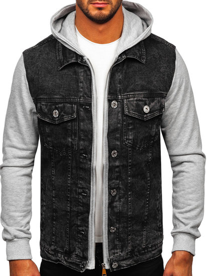 Bolf Herren Jeansjacke mit Kaupze Schwarz  HY1017