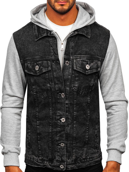 Bolf Herren Jeansjacke mit Kaupze Schwarz  HY1017