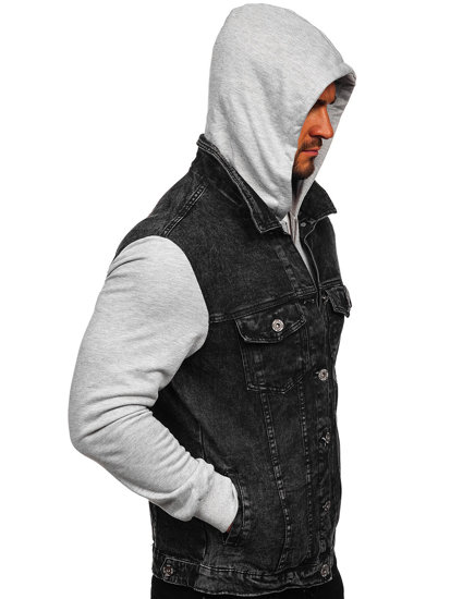 Bolf Herren Jeansjacke mit Kaupze Schwarz  HY1017