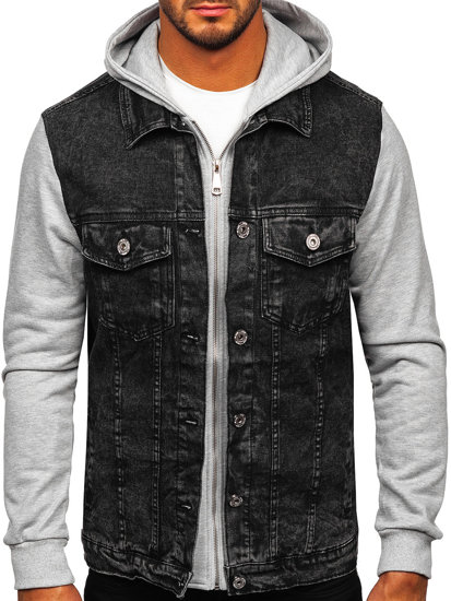 Bolf Herren Jeansjacke mit Kaupze Schwarz  HY1017