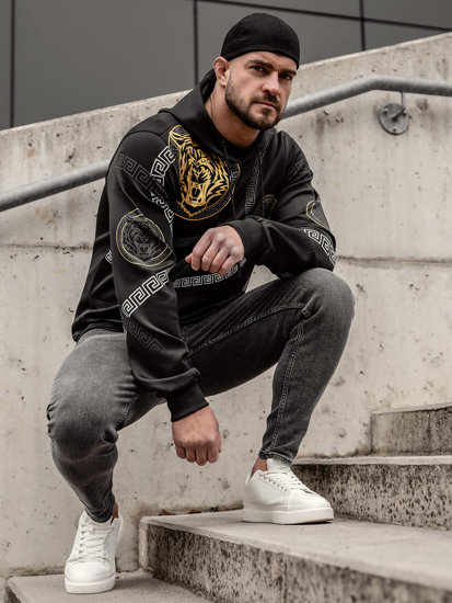 Bolf Herren Kapuzenpullover mit Kängurutsche und Motiv Schwarz  8B999A