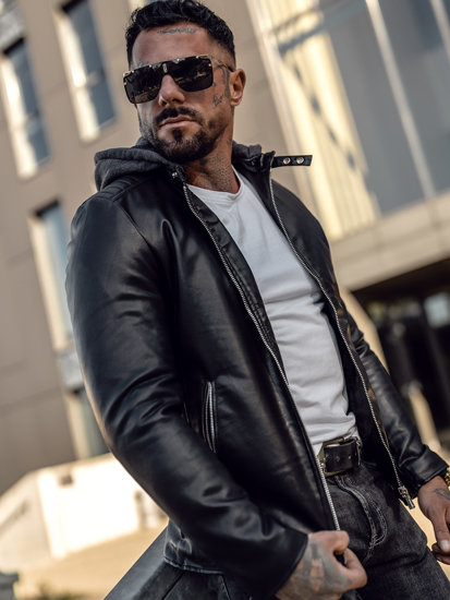 Bolf Herren Kunstleder Jacke Biker mit Kapuze Schwarz  11Z8012