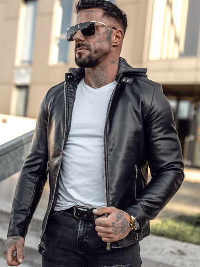 Bolf Herren Kunstleder Jacke Biker mit Kapuze Schwarz  11Z8012