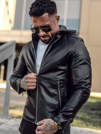 Bolf Herren Kunstleder Jacke Biker mit Kapuze Schwarz  11Z8012