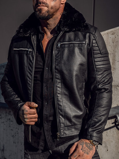 Bolf Herren Kunstleder Jacke Biker mit Teddyfell Schwarz11Z8013