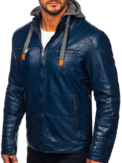 Bolf Herren Kunstleder Jacke Dunkelblau  ex702