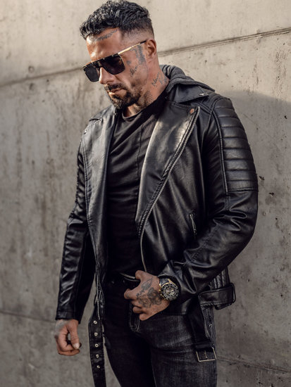 Bolf Herren Kunstleder Jacke mit Kapuze Biker Schwarz  11Z8005