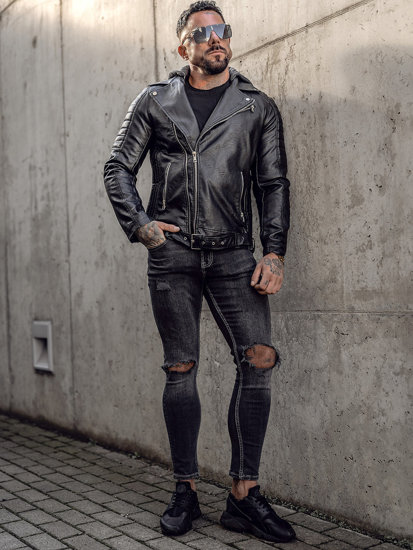 Bolf Herren Kunstleder Jacke mit Kapuze Biker Schwarz  11Z8005