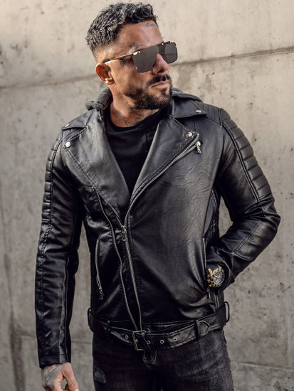 Bolf Herren Kunstleder Jacke mit Kapuze Biker Schwarz  11Z8005