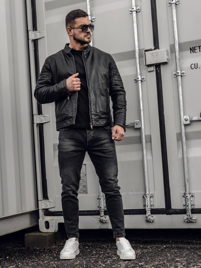 Bolf Herren Kunstlederjacke Biker Warm Gefüttert Schwarz  92531