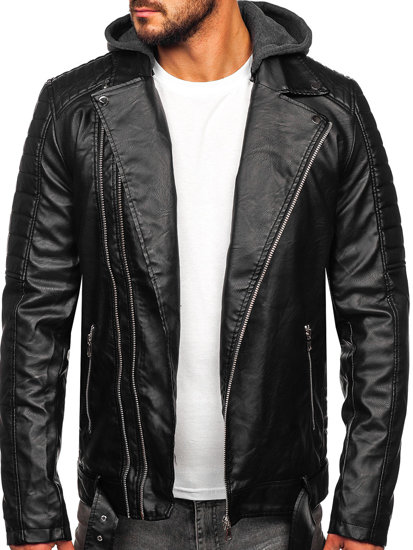 Bolf Herren Kunstlederjacke Biker mit Kapuze Schwarz 11Z8005